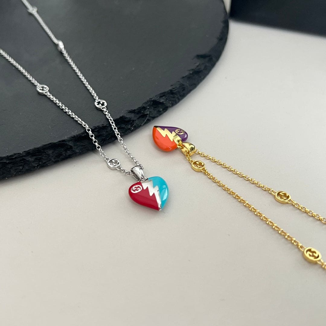 Double Gucci Interlocking Gucci Heart Lightning Charm Necklace